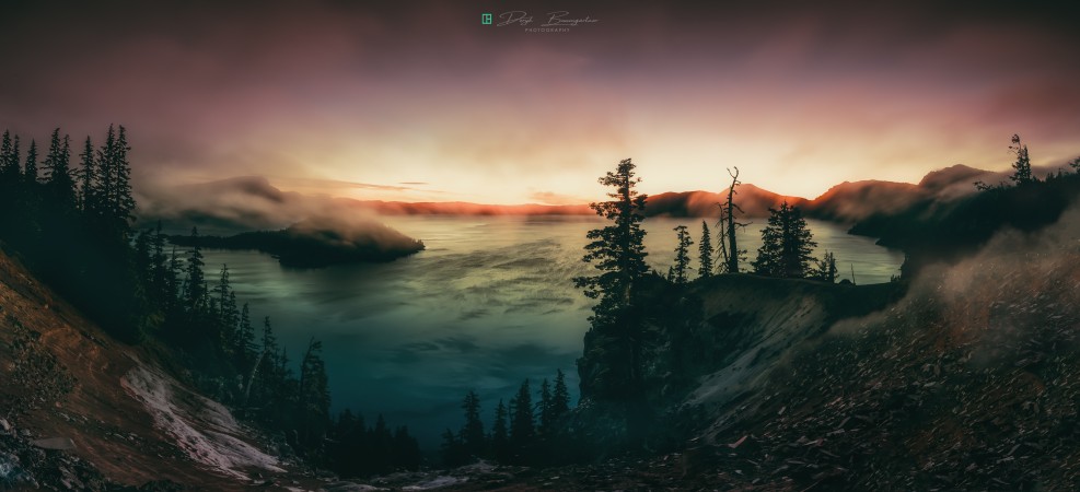 foggy crater lake